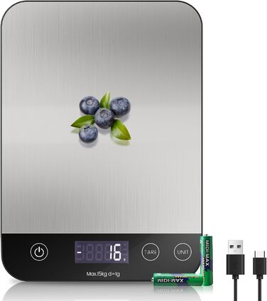 Кухонні ваги цифрові USB-C, 15 кг, преміум-якість, точність 1 г, харчові, професійні, сріблясті