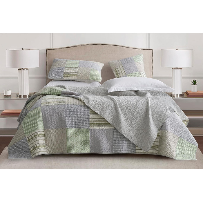 Комплект ковдр Chezmoi Collection Quinn: 3 шт. з квітковим візерунком гібіскуса, смугастий, з бавовни, легко переться – легка двостороння ковдра, розмір Queen (Плед Candy Patchwork Зелений Сірий)