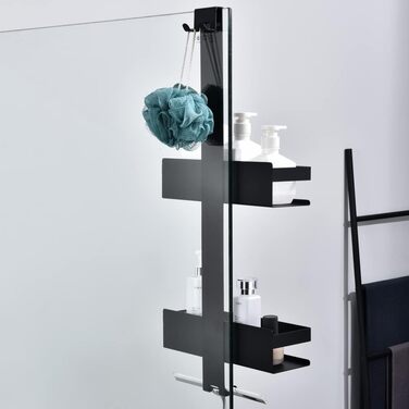 HomeHeng Hanging Shower Shelf, 2-Tier Hanging Shower Caddy Matte Black, SUS304 Stainless Steel Double Shower Basket with Hooks for Glass Shower Enclosure, H30MB-2DH