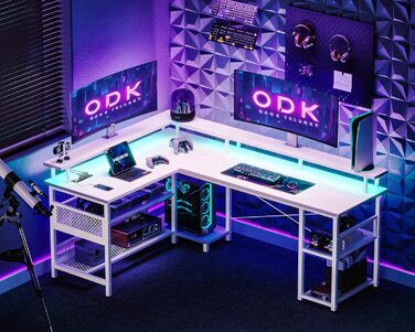Геймерський стіл ODK з LED-підсвіткою, кутовий, реверсивний, 2 розетки та 2 USB-порти, велика біла модель 168×120 см, з сітчастою полицею