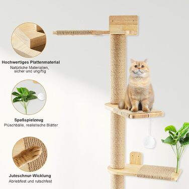 Кігтеточка-стійка для котів 206 см з натурального каучукового дерева, 5 ярусів, настінна, з широкою основою, плюшевими кульками, 360° обертання, XXL кігтеточка для котів для лазіння та дряпання