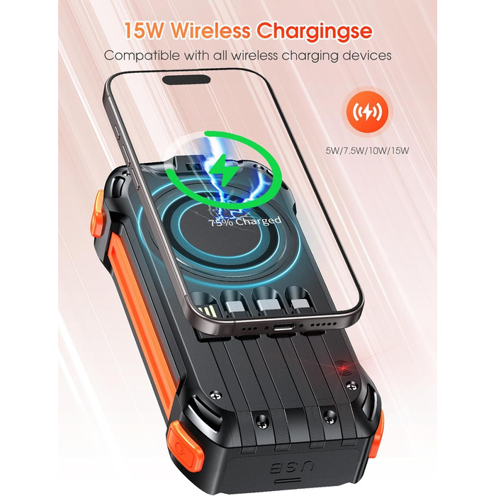 Портативний акумулятор 26800mAh з 4 кабелями: 30W USB-C, швидка зарядка, 7 виходів, SOS ліхтарик, для телефонів та планшетів (Чорний)