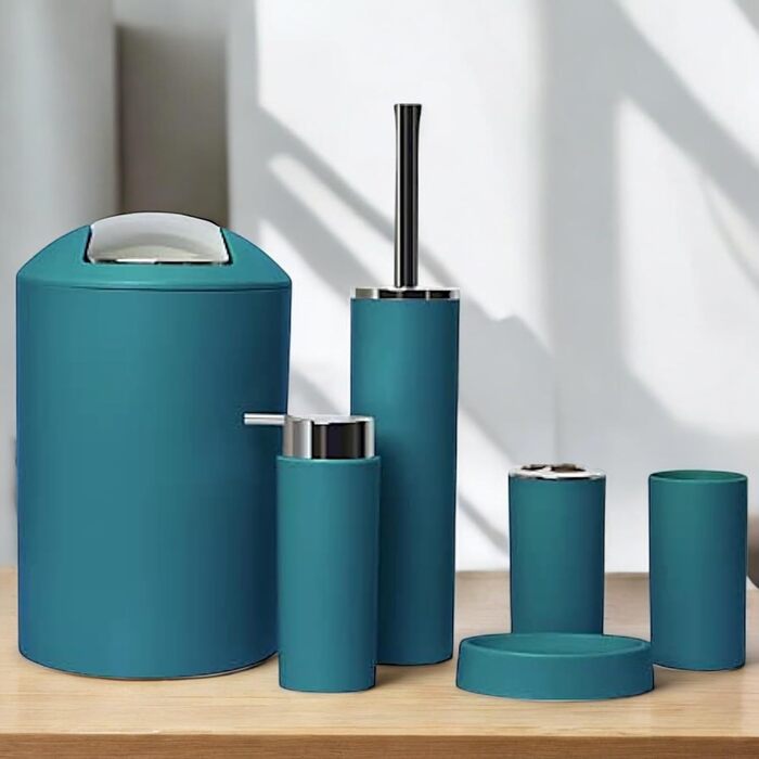 Комплект аксесуарів для ванної кімнати 6tlg Badset: органайзер, дозатор мила, стаканчик для зубної щітки, відро для косметики, щітка для унітазу з тримачем, мильниця, сміттєвий бак, тримач для зубних щіток, повна ванна кімнатна гарнітура (темно-бірюзовий 