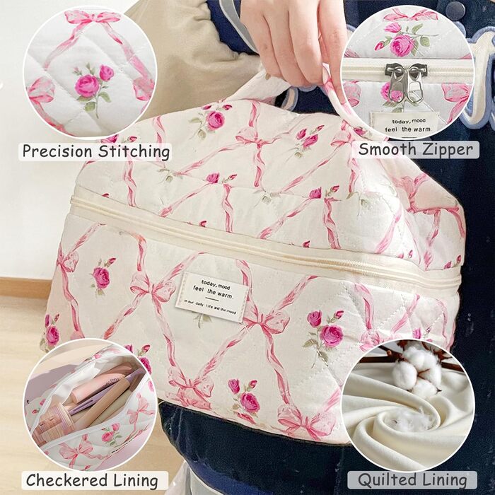 Набір 3 косметичні сумки для подорожей: дамська культбагаж з квітковим візерунком, степенена модель, для макіяжу та косметики, рожевий колір з діамантовою стрічкою