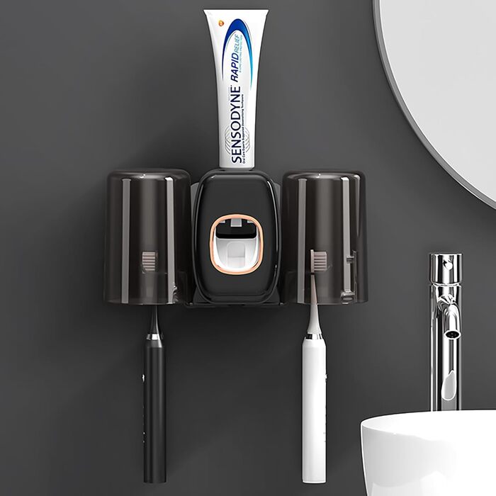 Настінний тримач для зубних щіток з автоматичним дозатором пасти, електричний для 4 щіток, 2 стаканчики, без свердління (чорний)