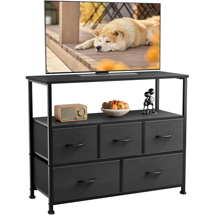 DUMOS Chest of Drawers with Drawers - Chests of Drawers & Sideboards for Bedrooms Suitable, Chest of Drawers with 9 Drawers, Fabric Chest of Drawers with Stable Steel Frame, Ideal for Bedrooms, Living Rooms (Black) (5 TV Drawers Black)