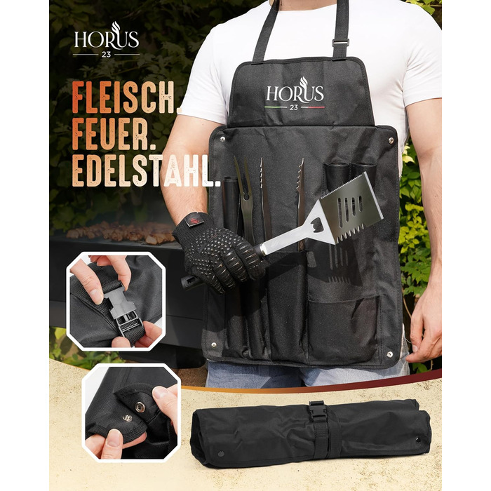 HORUS 23 Набір гриля з аксесуарами з нержавіючої сталі: щитківка, рукавиці для захисту від тепла, килимок для гриля - подарунок для чоловіків