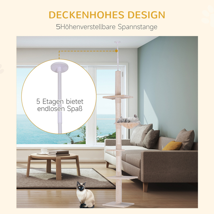 PawHut Cat Tree, Ceiling-High, H230-260 cm, Adjustable Height Climbing Tree for Cats, Stable, Beige | Aosom