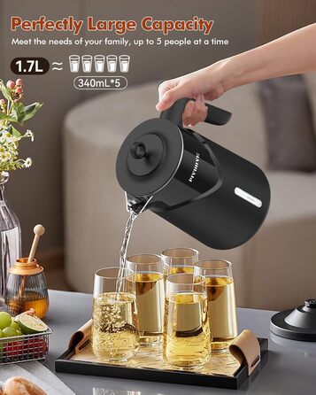 Електричний чайник з нержавіючої сталі 2200W з швидким нагріванням, автоматичним вимкненням, захистом від сухого кипіння, 1.7L, без BPA, без контакту з пластиком, тихий, чорний