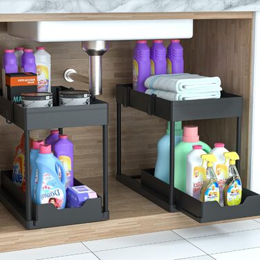 DEKAVA Kitchen Organizer, 2 Under Sink Shelf, Closet Kitchen Organizer with 4 Hooks, Closet Basket for Kitchen, Bathroom, Cleaning Supplies, Detergent (Black)