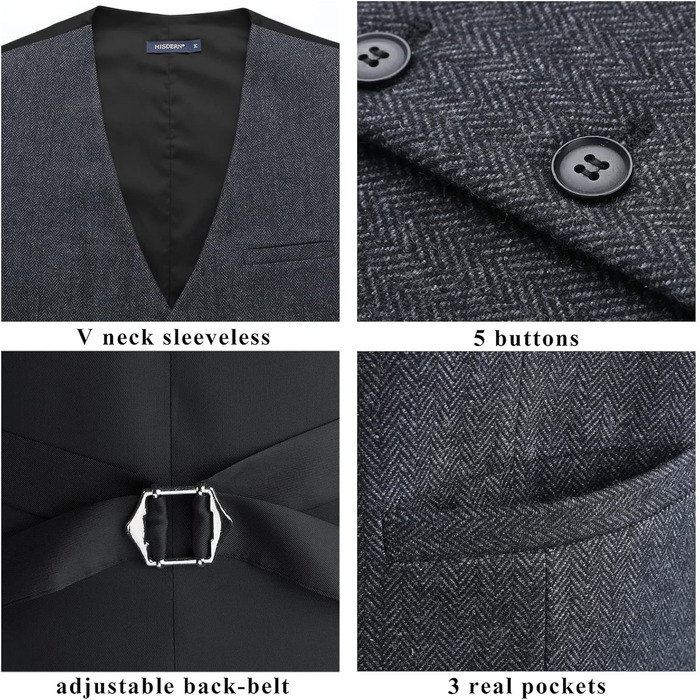 Жилет чоловічий HISDERN в стилі Herringbone, для весілля, формальний, твід, вовняний, класичний, базовий, розмір XL, колір вугільний