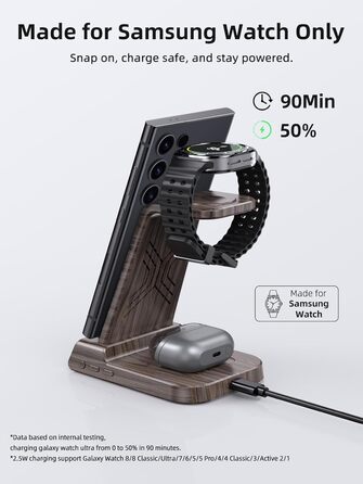 Бездротовий зарядний пристрій для Samsung Galaxy: зарядка для S25 Ultra, Watch Ultra/8/7/6, S24 Z Fold 6/Z Flip 6, Buds (з текстурою дерева)