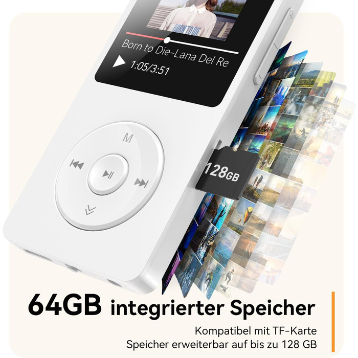 MP3 плеєр AGPTEK 64GB Bluetooth 5.3 з динаміком, радіо FM, підтримкою TF-карти 128GB, білий
