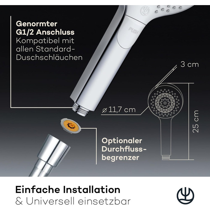 KLUDI-X3 Universal Shower Head with Hose, optional shower spray, water-saving with 3 spray patterns (Body, Hair, Skin), easy-to-clean shower head Ø 11.7 cm, shower hose 1.60 m