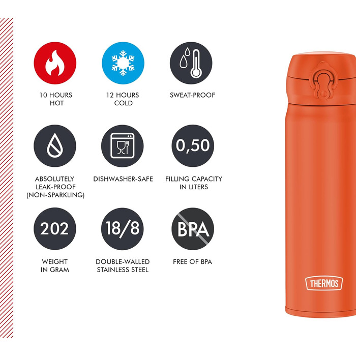 Термос Ultralight 0.5л, нержавіюча сталь, зберігає тепло 10 год / холод 20 год, абсолютно герметичний, для води, чаю, безалкогольних напоїв (Glowing Orange Mat)