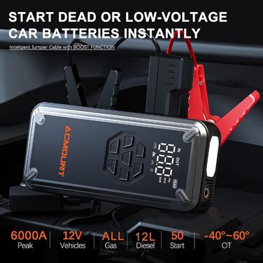 Портативний пусковий пристрій Starthilfe з компресором 150PSI, акумулятор 12V 6000A, для бензинових/дизельних авто, Powerbank з кабелями, LED-ліхтар, чорний