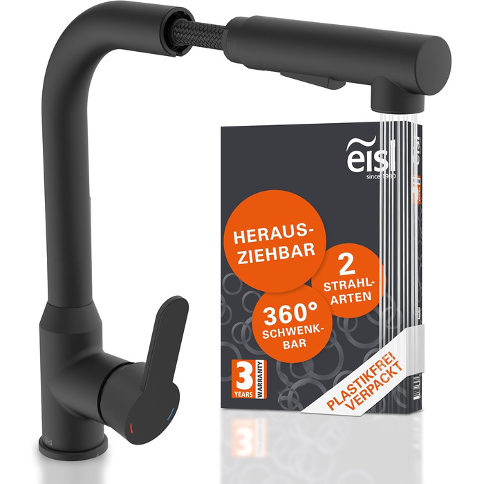 Кран кухонний гнучкий EISL Flexo з нержавіючої сталі/чорний, 360° обертання, високий вилив, шланг Soft-Touch, 2 функції, NI186FLNIB