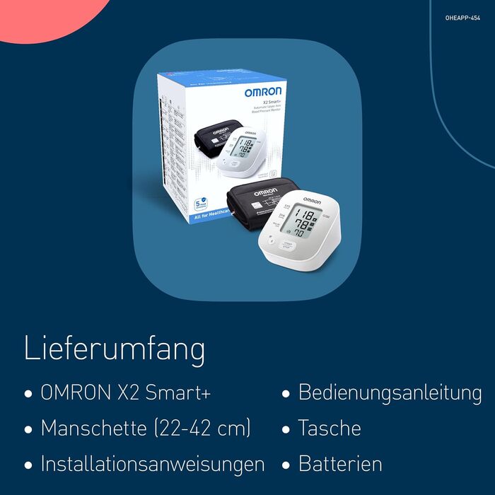 Тонометр OMRON X2 Smart+ з Bluetooth, клінічно перевірений, універсальна манжета 22-42 см, безкоштовний додаток, сертифікат Deutscher Hochdruckliga