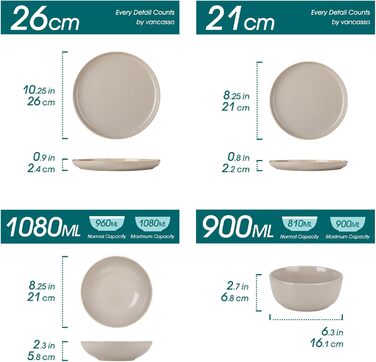 Набір чашок Vancasso PLAYA 6 шт. з ручкою 480мл, чайні чашки з кераміки, придатні для мікрохвильової печі та посудомийної машини (Бежевий, Сервіз 48 шт.)