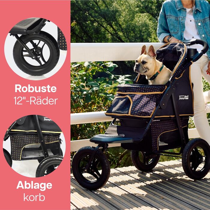 Buggy Innopet Adventure для собак та котів - чорний/жовтий, для бездоріжжя, вантажопідйомність 30 кг, EVA-колеса 30 см, складаний, великий відсік для зберігання