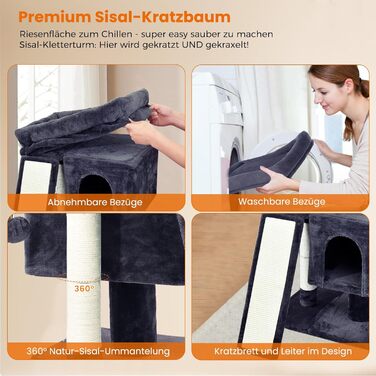 Дряпальня для котів великих порід, кімнатна, 60 см, сіра, з платформою, сизаль, пандус, будиночок, м'ячі, щітка