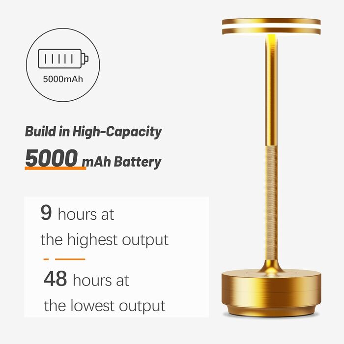 Настільна LED лампа Hapfish акумуляторна бездротова, диммована, 5000mAh, 3 режими світла, водонепроникна IP54 для вулиці, спальні, столу – Золота