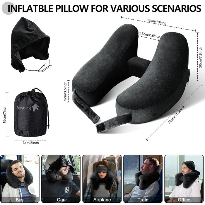 Sunany Neck Pillow Airplane with Hood, Travel Pillow for Airplane and Car Travel, Inflatable and Comfortable Travel Neck Pillow Adults, Supports Head, Neck, and Chin - Black
