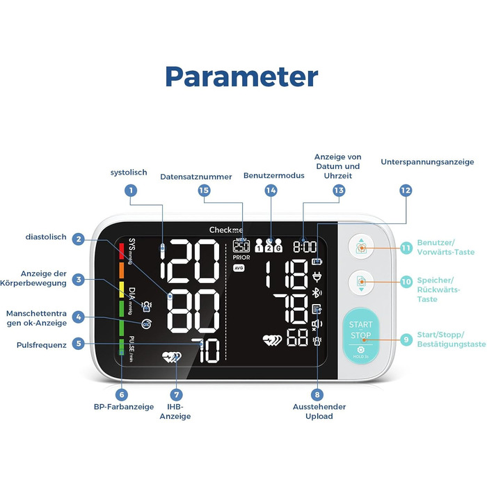 Тонометр на плече CheckMe з великим екраном, Bluetooth, виявлення аритмії, для вагітних та діабетиків, 22-45 см, чорний