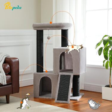 PETEPELA Scratch Tree with Dual Condos for Apartment Cats, All-in-One Cat House with Padded Perch, Scratch Ramp and Posts, and Replaceable Balls (Gray, L 113cm)