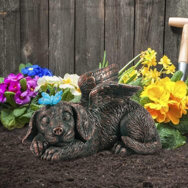 Yeomoo Dog Angel Solar Garden Decorations for Outdoors with Butterfly - Weatherproof Animal Statue Balcony Decor, Sleeping Puppy Solar-Powered Figure Grave Ornament Tombstone, Gifts for Women Mom Copper