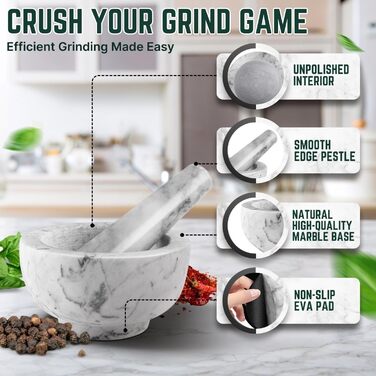 Мраморний ступка з толуштою Flexzion, 12 см, для спецій та приготування їжі, білий колір