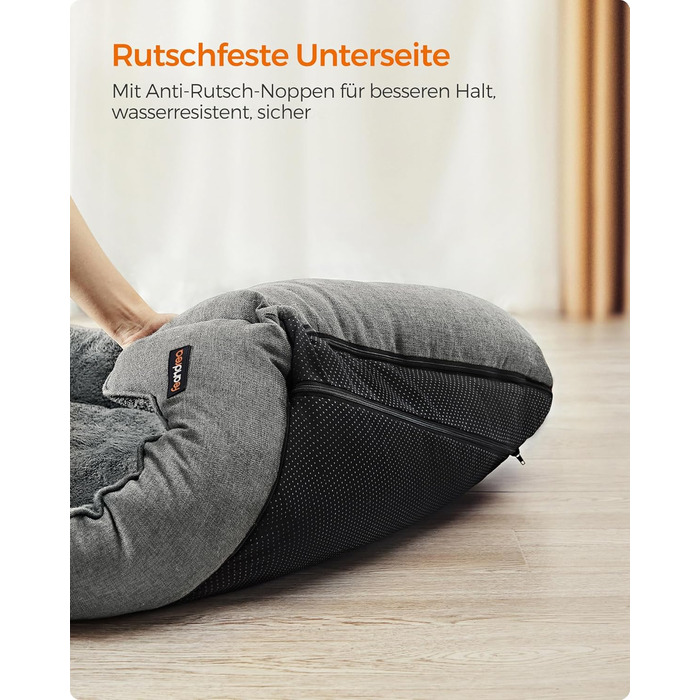 Ліжко для собак Feandrea, м'який лежак для собак з льоновим покриттям, кошик для собак, підняті бортики, неслизьке дно, знімний та пральний чохол, L, для середніх собак, 90 x 75 x 25 см, світло-сірий