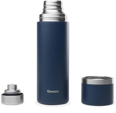 Qwetch Stainless Steel Thermos - 750ml Insulated Flask & Thermos Bottle with Recycled Stainless Steel Cup - 24h Cold & 12h Hot - Leakproof, BPA-Free & Perfect for Coffee & Tea - Brushed Stainless Steel, Marine Blue