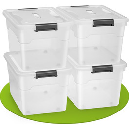 JUSKYS Storage Box with Lid - Set of 4 Plastic Boxes 45L - Large Box, Stackable, Transparent - Storage Organization System Storage Boxes (Set of 4 - 60 Liters)