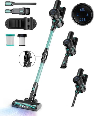 Бездротовий акумуляторний пилосос 28KPa з LED-дисплеєм, антизаплутана щітка, змінний акумулятор, вертикальний пилосос для твердих поверхонь, килимів та шерсті тварин (зелений)