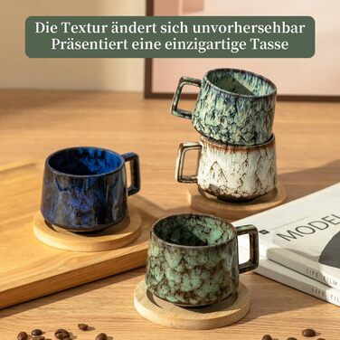 Набір з 4 чашок еспресо 190мл з дерев'яними підставками, керамічні чашки для кави, американо, лате, кави, мока та чаю (бежевий+блакитний+темно-синій+темно-зелений)
