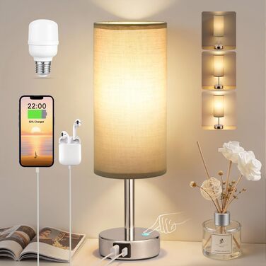 Нічна лампа приліжкова сенсорна з димером, USB зарядка (Type A+C), тканинний абажур (льон), для спальні, вітальні, дитячої, офісу (з лампочкою) - сіро-срібляста