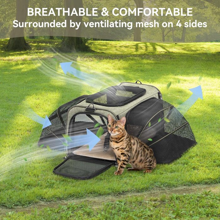 Транспортна сумка для кота Petsfit, схвалена авіаперевізниками, розширювана, зелена, розмір S, 41x25x23 см