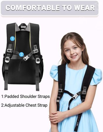 Шкільний рюкзак для дівчаток 2-10 класів, 32L, легкий дитячий рюкзак | Дихаюча спинка | М'які лямки | Брест-стріжка, ранці для школи, рюкзак для підлітків 8+ років (Чорний)