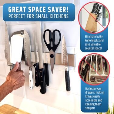 Strong self-adhesive (no drilling) magnetic knife strip for the wall - Premium 43 cm magnetic knife rack - No screws needed - Self-adhesive back (Updated Version)