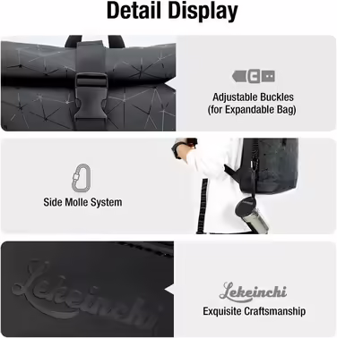 Roll-Top Backpack Waterproof for Women & Men, Large Laptop Backpack with Computer Compartment for 17-inch Laptop, Elegant Travel Backpack Daypack for Travel, Cycling, University, School - Diamond Pattern