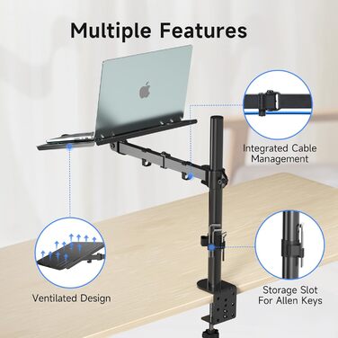 Suptek Adjustable Monitor Arm with Laptop Holder - Full Range Motion for 13-27 inch Screens (40cm Pole)
