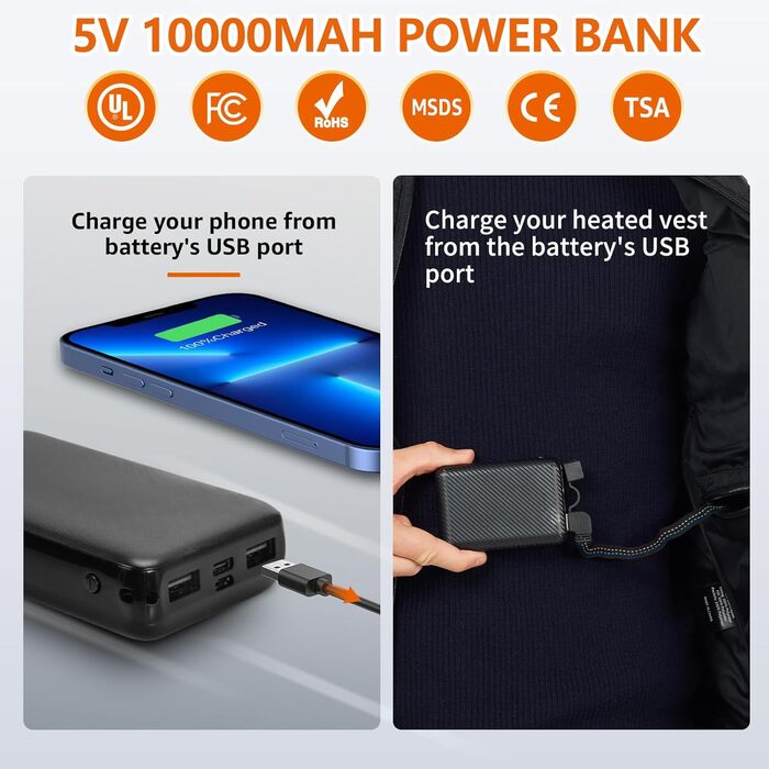 Обогревна жилетка для чоловіків: тепла зимова жилетка з акумулятором 5V 10000 mAh, 3 режими температури, придатна для прання, для активного відпочинку (XL, Синій)