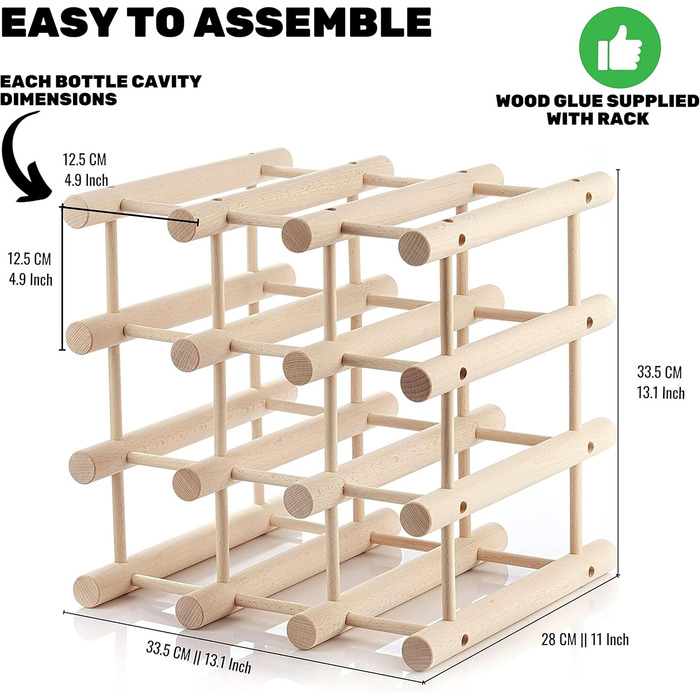 Wooden wine rack for 12 bottles, practical for kitchen or home bar. Modular wine bottle rack, natural beechwood.