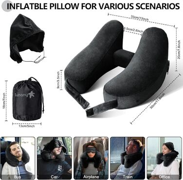 Sunany Neck Pillow Airplane with Hood, Travel Pillow for Airplane and Car Travel, Inflatable and Comfortable Travel Neck Pillow Adults, Supports Head, Neck, and Chin - Black