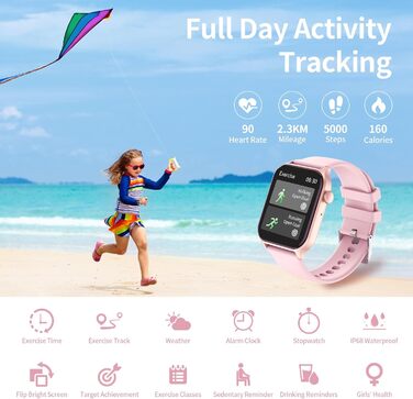 Дитячий розумний годинник Kinderuhr: фітнес-трекер з пульсометром, лічильником кроків, будильником, IP68, водонепроникний, для хлопчиків та дівчаток, рожевий