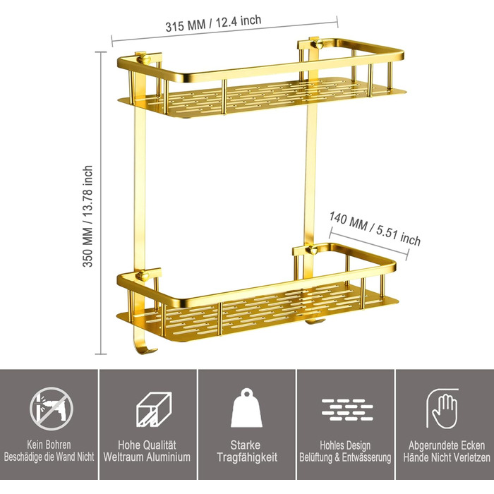 Maifey Shower Shelf Gold, Shower Caddy No Drilling Bathroom Shelf Made of Metal Wall Shelf Shower Basket, Stainless Steel, Adhesive Installation (2 Tier, Light Gold)