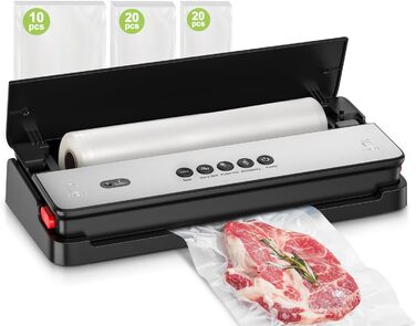 Вакуумний пакувальник Bonsenkitchen для сухих та вологих продуктів з вбудованим різаком, 1 рулон фольги, 50 професійних фольгованих пакетів чорного кольору