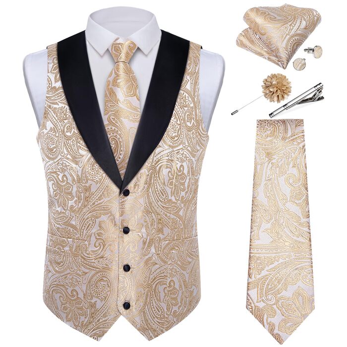 Костюм чоловічий DiBanGu 7-частинний: жакардовий піджак, краватка, жилет, сорочка з коміром, для весілля, свят, урочистих подій. Кольори: золото, чорний, шампань, срібло (XL)