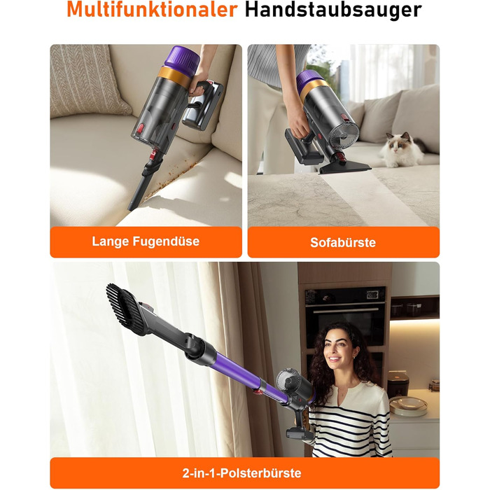 Бездротовий акумуляторний пилосос, 50000 Па, 580 Вт, 70 хв, 1.8 л, з дисплеєм, самостійна парковка, док-станція на стіні, антизаплутана щітка, 8-рівнева фільтрація, для шерсті тварин/килимів/твердих поверхонь/автомобіля